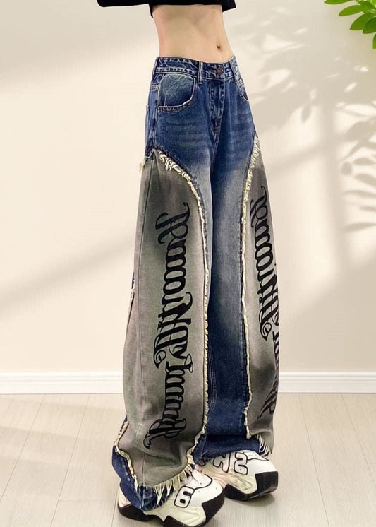 Vintage Blue Graphic Patchwork Curved-Blade Jeans Fall