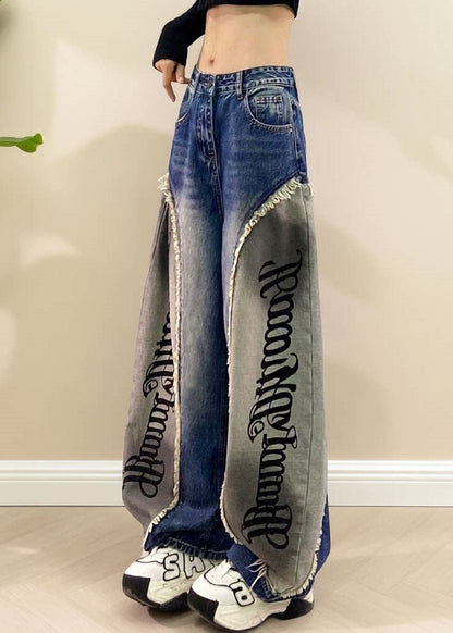 Vintage Blue Graphic Patchwork Curved-Blade Jeans Fall