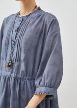 Load image into Gallery viewer, Vintage Blue Grey Cinched Print Linen Dress Bracelet Sleeve
