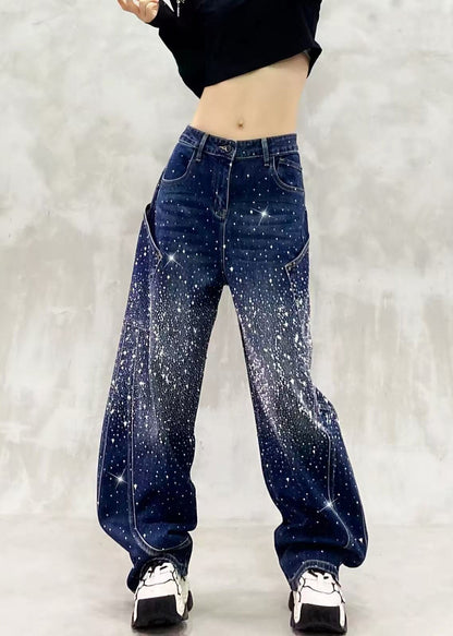 Vintage Blue High Waist Rhinestone Denim Curved Blade Pants Fall