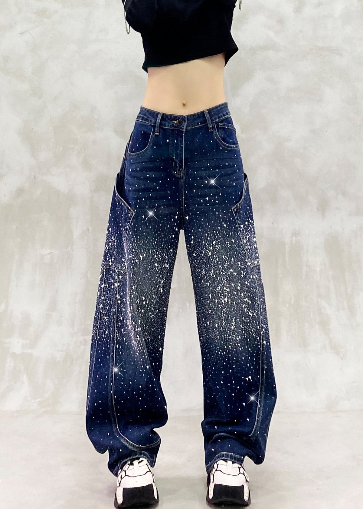 Vintage Blue High Waist Rhinestone Denim Curved Blade Pants Fall