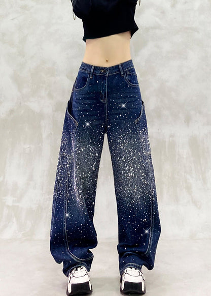 Vintage Blue High Waist Rhinestone Denim Curved Blade Pants Fall