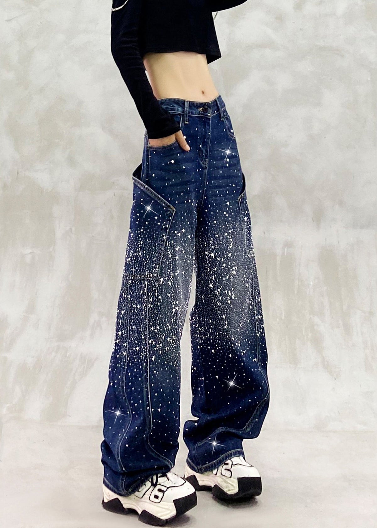 Vintage Blue High Waist Rhinestone Denim Curved Blade Pants Fall