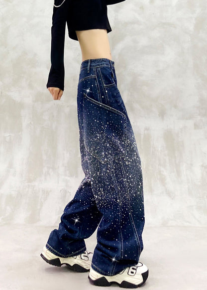 Vintage Blue High Waist Rhinestone Denim Curved Blade Pants Fall