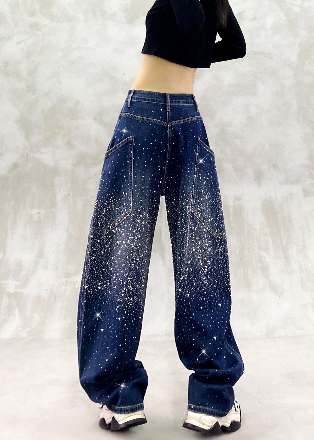 Vintage Blue High Waist Rhinestone Denim Curved Blade Pants Fall