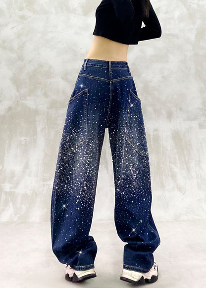 Vintage Blue High Waist Rhinestone Denim Curved Blade Pants Fall