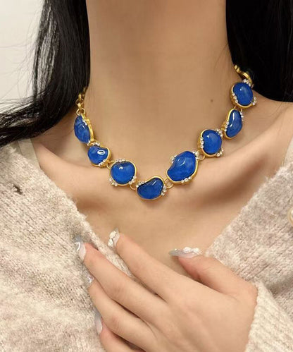 Vintage Blue Imitation Gem Zircon Gold Plated Necklace
