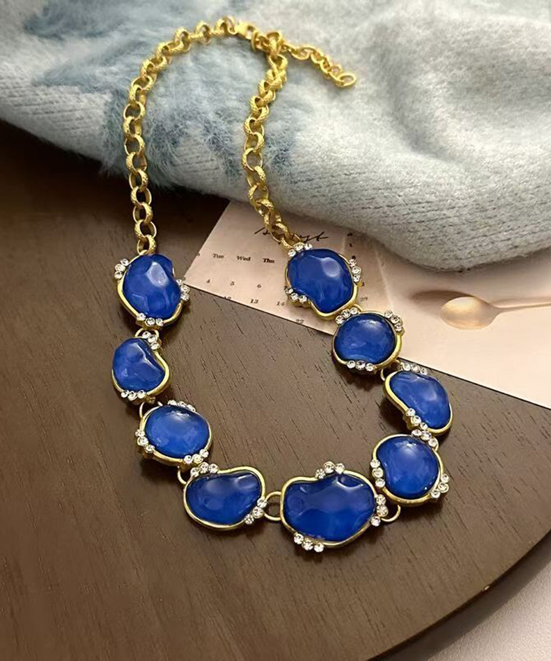 Vintage Blue Imitation Gem Zircon Gold Plated Necklace