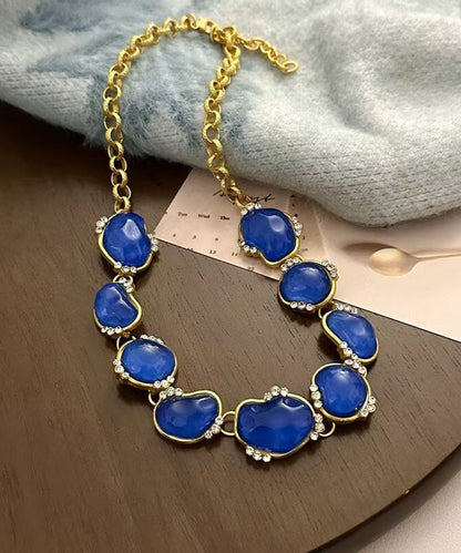 Vintage Blue Imitation Gem Zircon Gold Plated Necklace