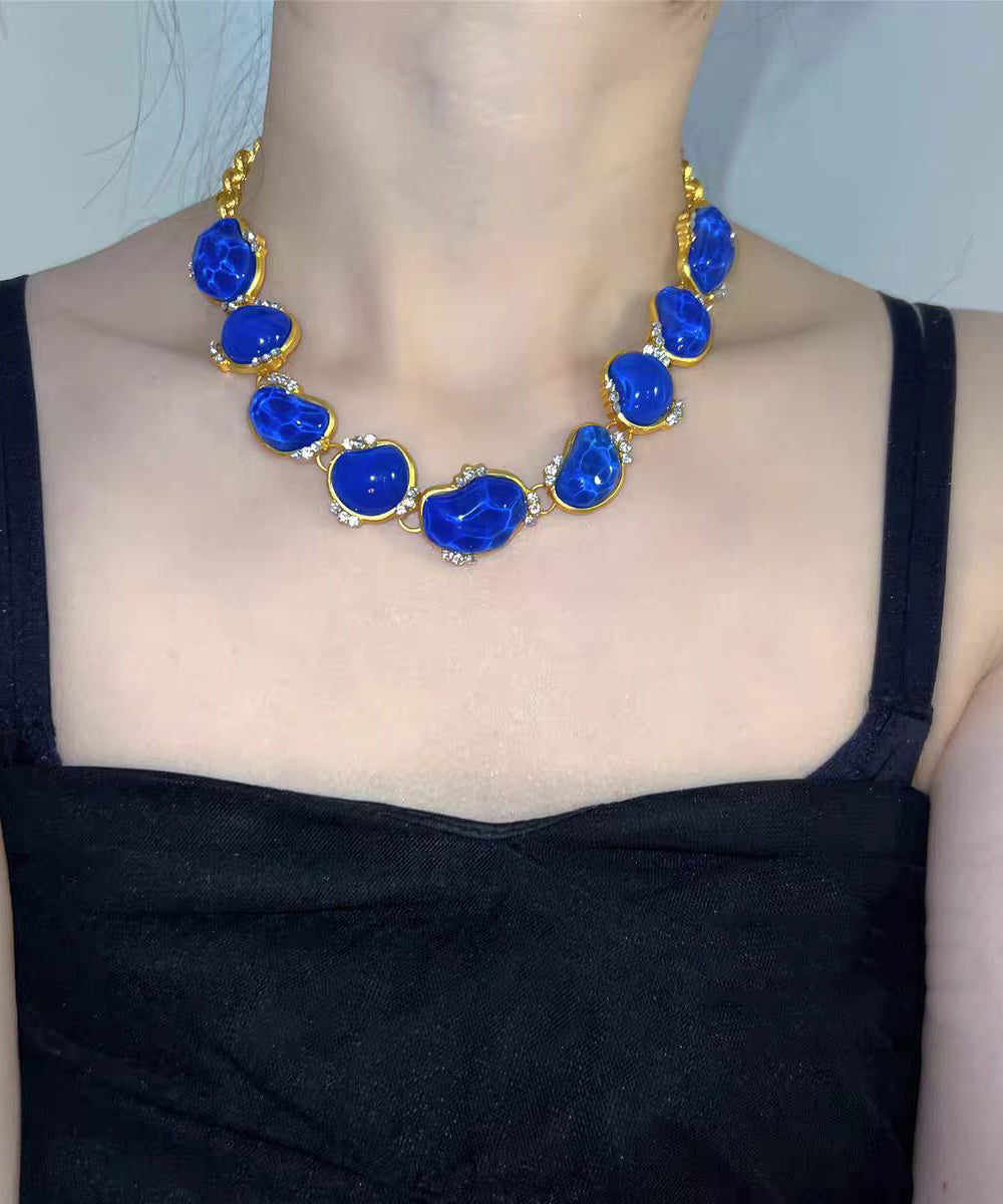 Vintage Blue Imitation Gem Zircon Gold Plated Necklace