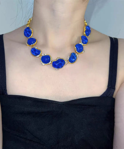 Vintage Blue Imitation Gem Zircon Gold Plated Necklace