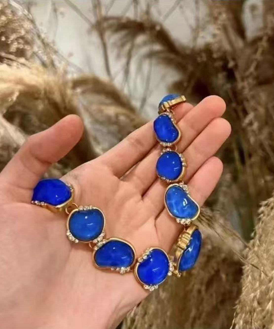 Vintage Blue Imitation Gem Zircon Gold Plated Necklace