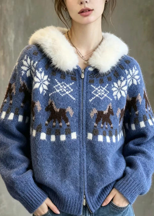 Vintage Blue Jacquard Faux Fur Trim Hooded Double Zip Knit Cardigan Fall