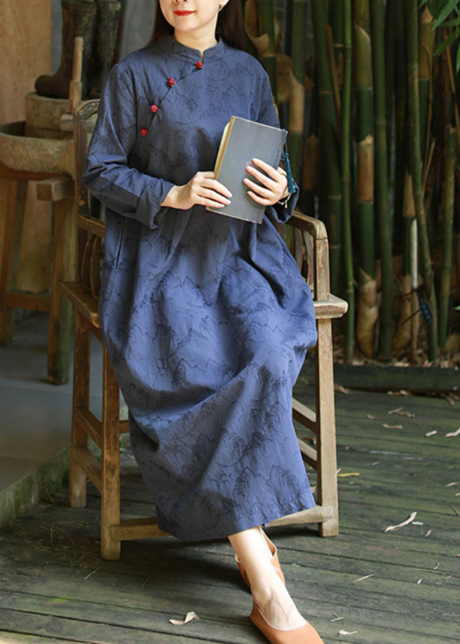 Vintage Blue Mandarin Collar Button print Dresses caftan Long Sleeve