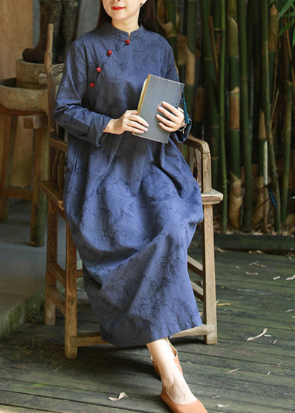 Vintage Blue Mandarin Collar Button print Dresses caftan Long Sleeve