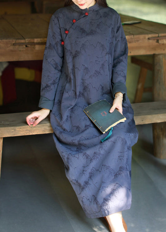 Vintage Blue Mandarin Collar Button print Dresses caftan Long Sleeve