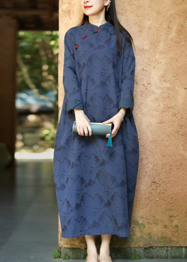 Vintage Blue Mandarin Collar Button print Dresses caftan Long Sleeve