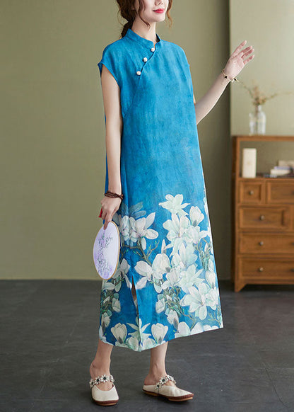 Vintage Blue Mandarin Collar Floral Print Side Open Cheongsam Dresses Short Sleeve