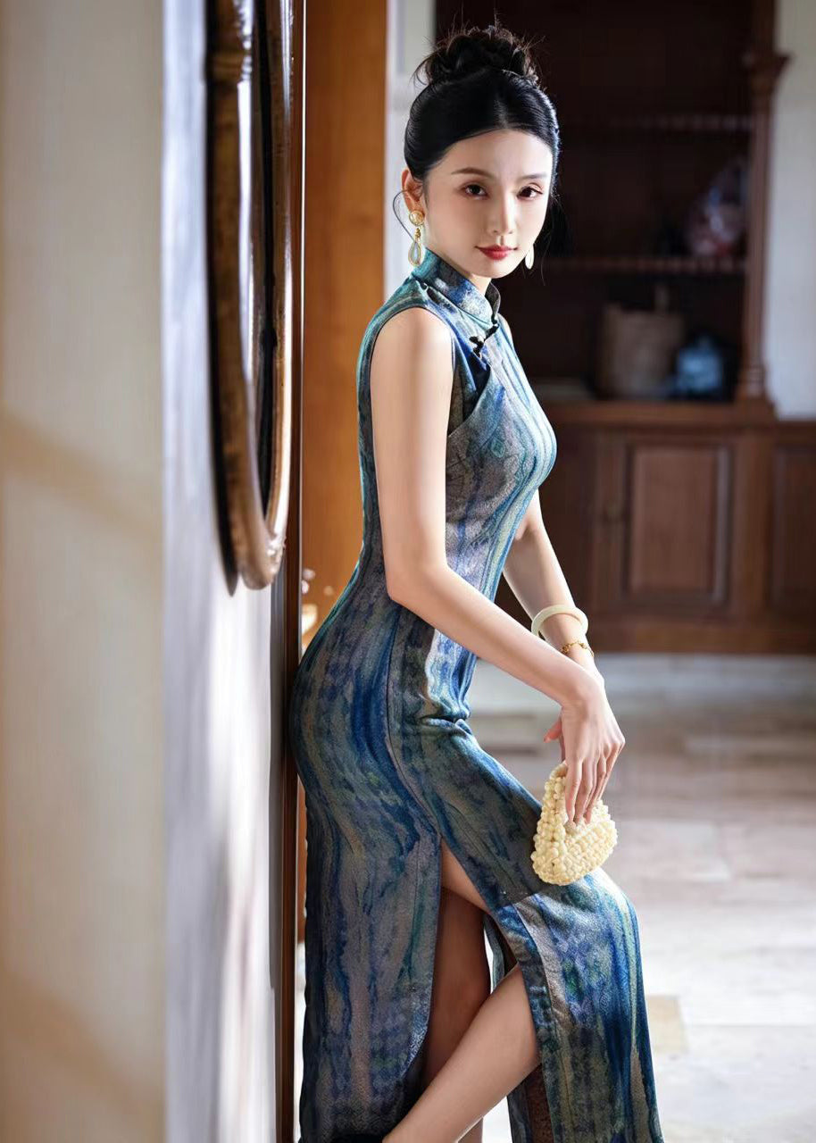Vintage Blue Mandarin Collar Side Open Dress Sleeveless