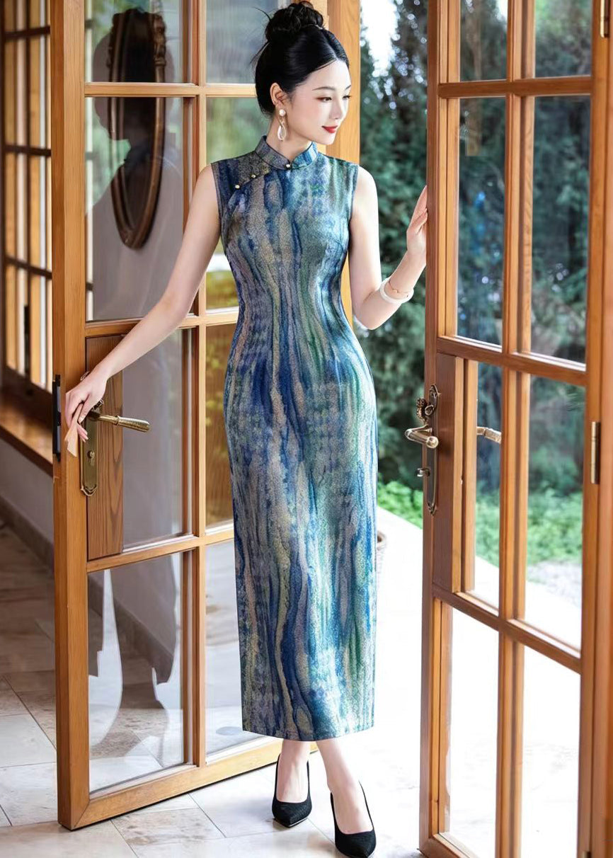 Vintage Blue Mandarin Collar Side Open Dress Sleeveless