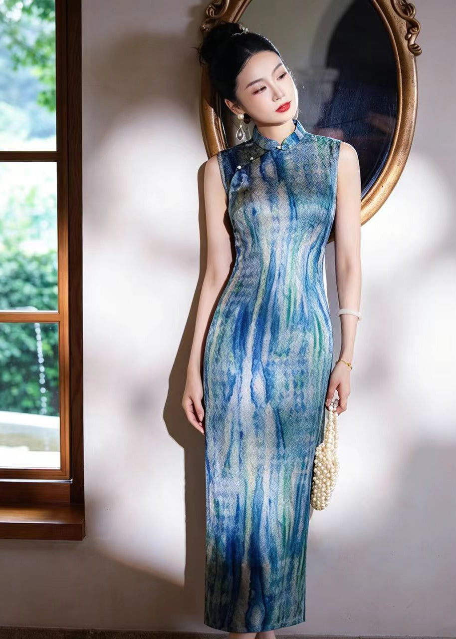 Vintage Blue Mandarin Collar Side Open Dress Sleeveless