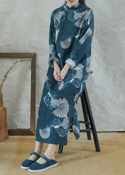 Vintage Blue Mandarin Collar side open Print Linen Long Dress Long Sleeve