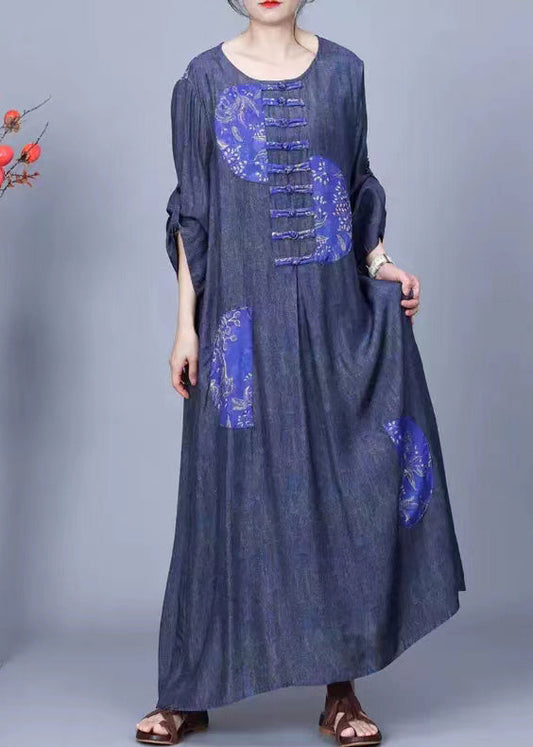 Vintage Blue O Neck Button Patchwork Cotton Long Dress Spring