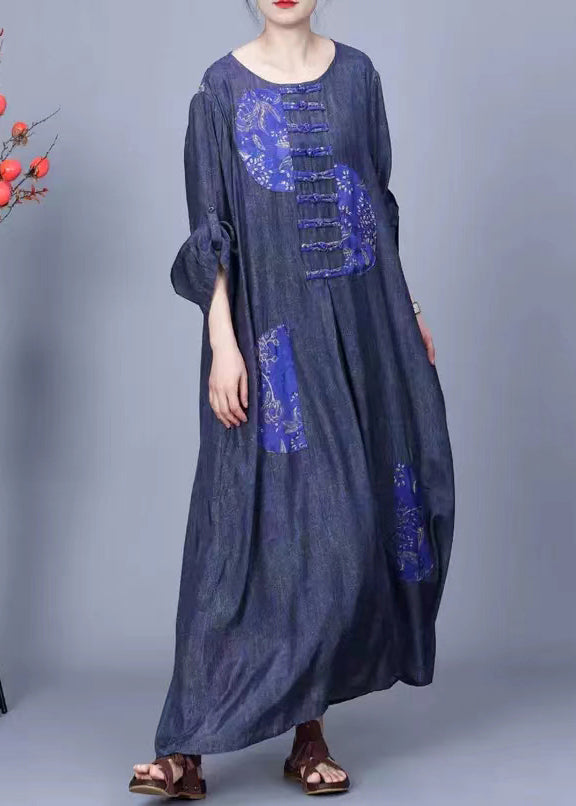Vintage Blue O Neck Button Patchwork Cotton Long Dress Spring