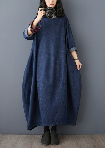 Vintage Blue O-Neck Denim Maxi Dress Ruffled Sleeve