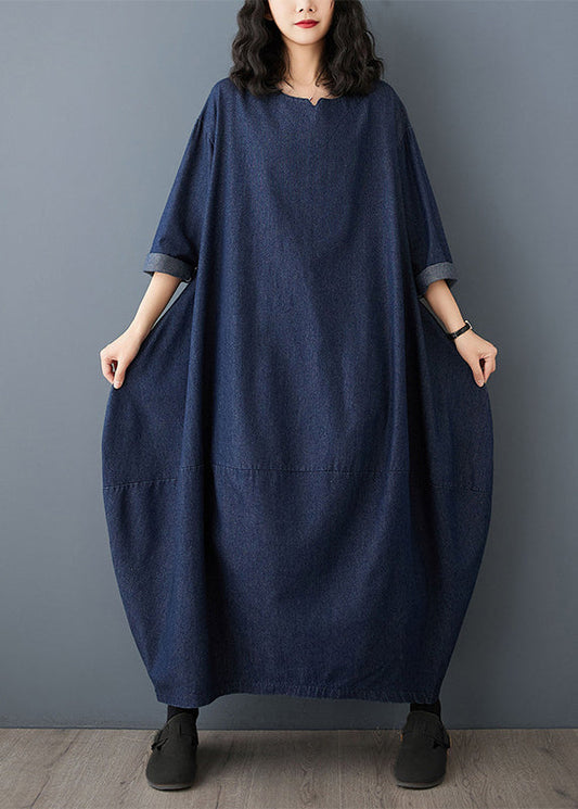 Vintage Blue O-Neck Denim Maxi Dress Ruffled Sleeve