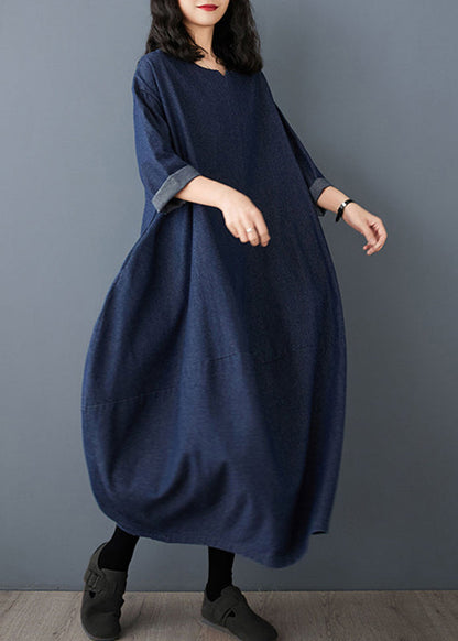 Vintage Blue O-Neck Denim Maxi Dress Ruffled Sleeve