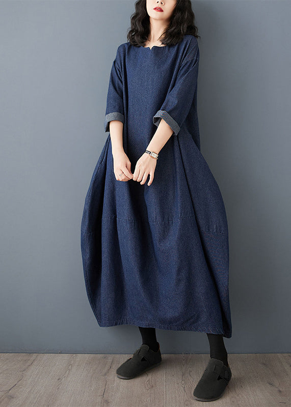 Vintage Blue O-Neck Denim Maxi Dress Ruffled Sleeve