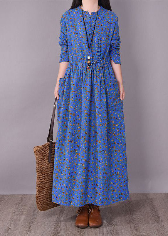 Vintage Blue O-Neck Wrinkled Print Linen Dress Long Sleeve