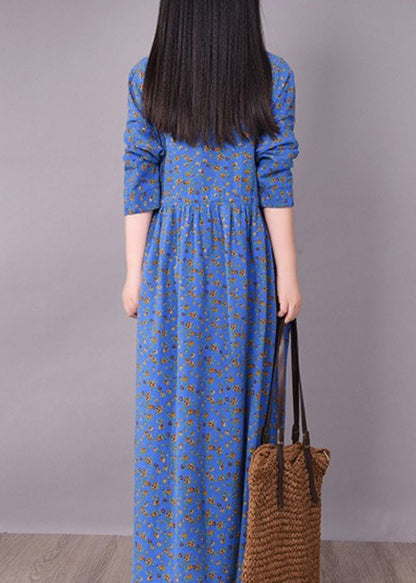 Vintage Blue O-Neck Wrinkled Print Linen Dress Long Sleeve