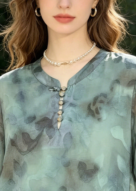Vintage Blue Oversized Jacquard Chiffon Shirt Summer