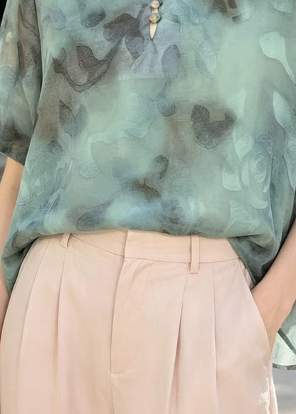 Vintage Blue Oversized Jacquard Chiffon Shirt Summer