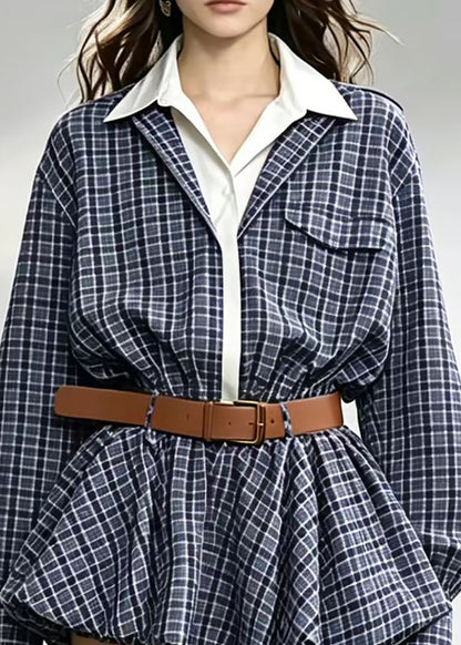 Vintage Blue Plaid Turn-Down Collar Faux Two Piece Mini Dress Fall