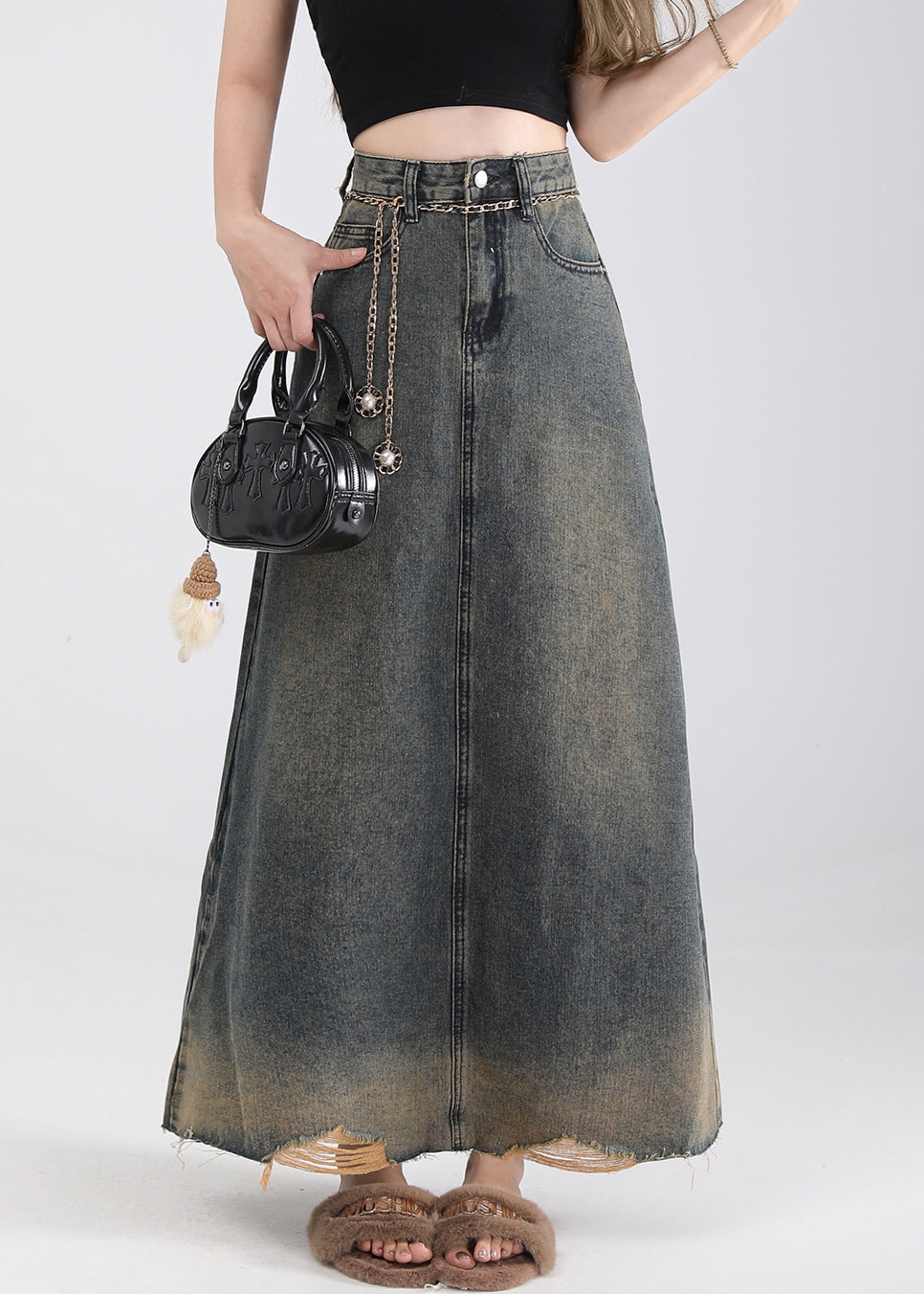 Vintage Blue Pockets High Waist Denim Skirt Summer