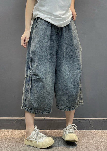 Vintage Blue Pockets Patchwork Crop Jeans Summer