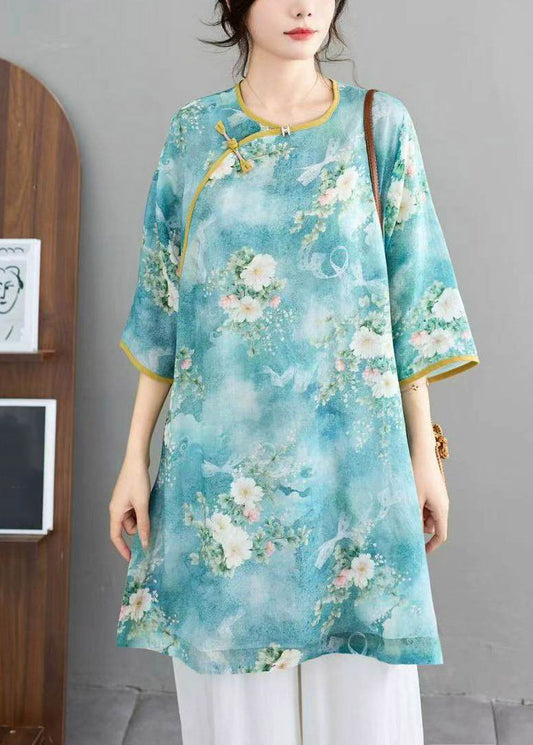 Vintage Blue Print Linen Top Half Sleeve