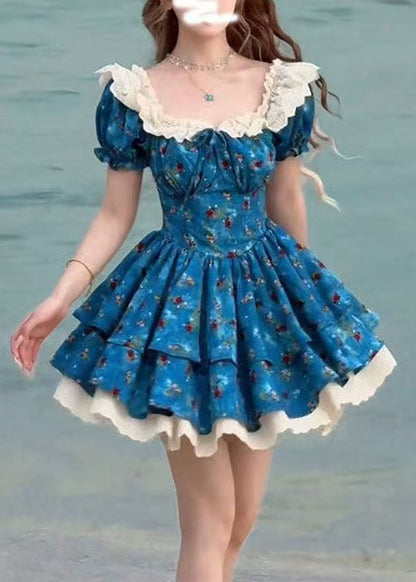 Vintage Blue Print Patchwork Lace Mini Dresses Puff Sleeve