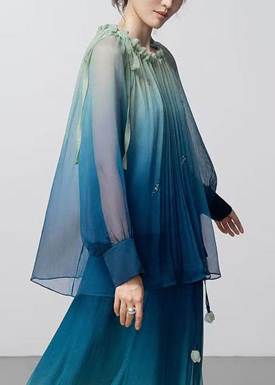 Vintage Blue Ruffled Patchwork Silk Shirt Fall