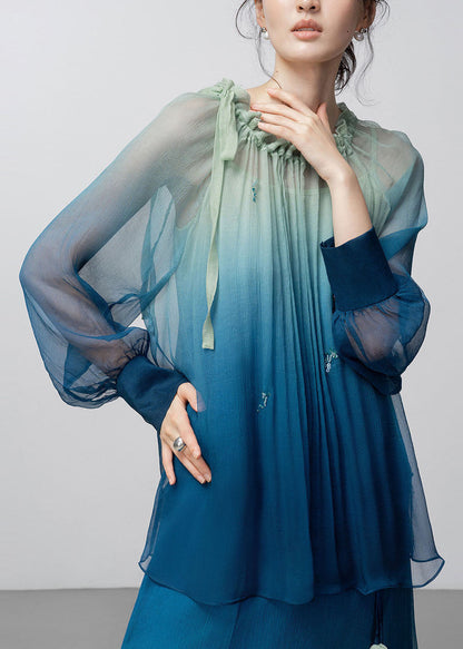 Vintage Blue Ruffled Patchwork Silk Shirt Fall