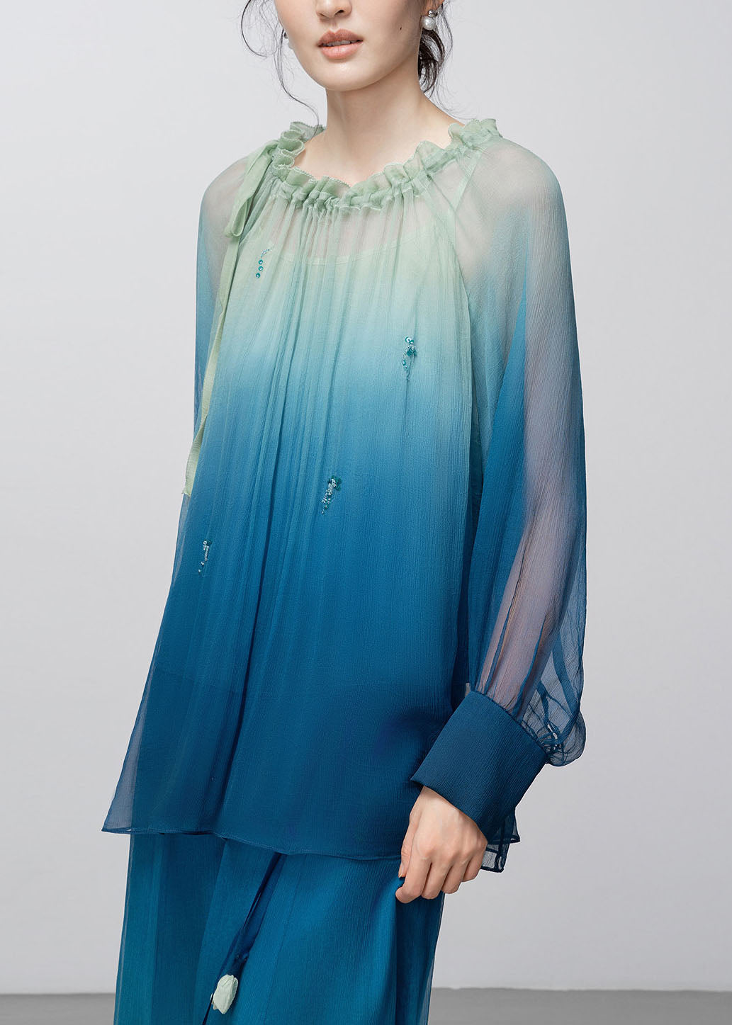 Vintage Blue Ruffled Patchwork Silk Shirt Fall