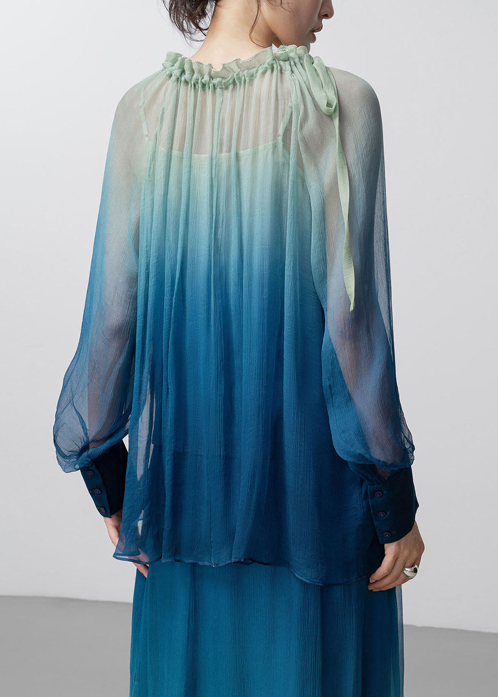 Vintage Blue Ruffled Patchwork Silk Shirt Fall