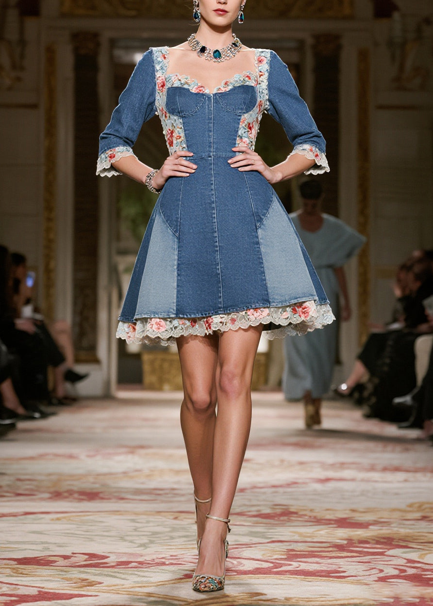 Vintage Blue Square Collar Lace Patchwork Denim Mini Dress Summer