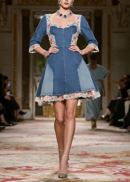 Vintage Blue Square Collar Lace Patchwork Denim Mini Dress Summer