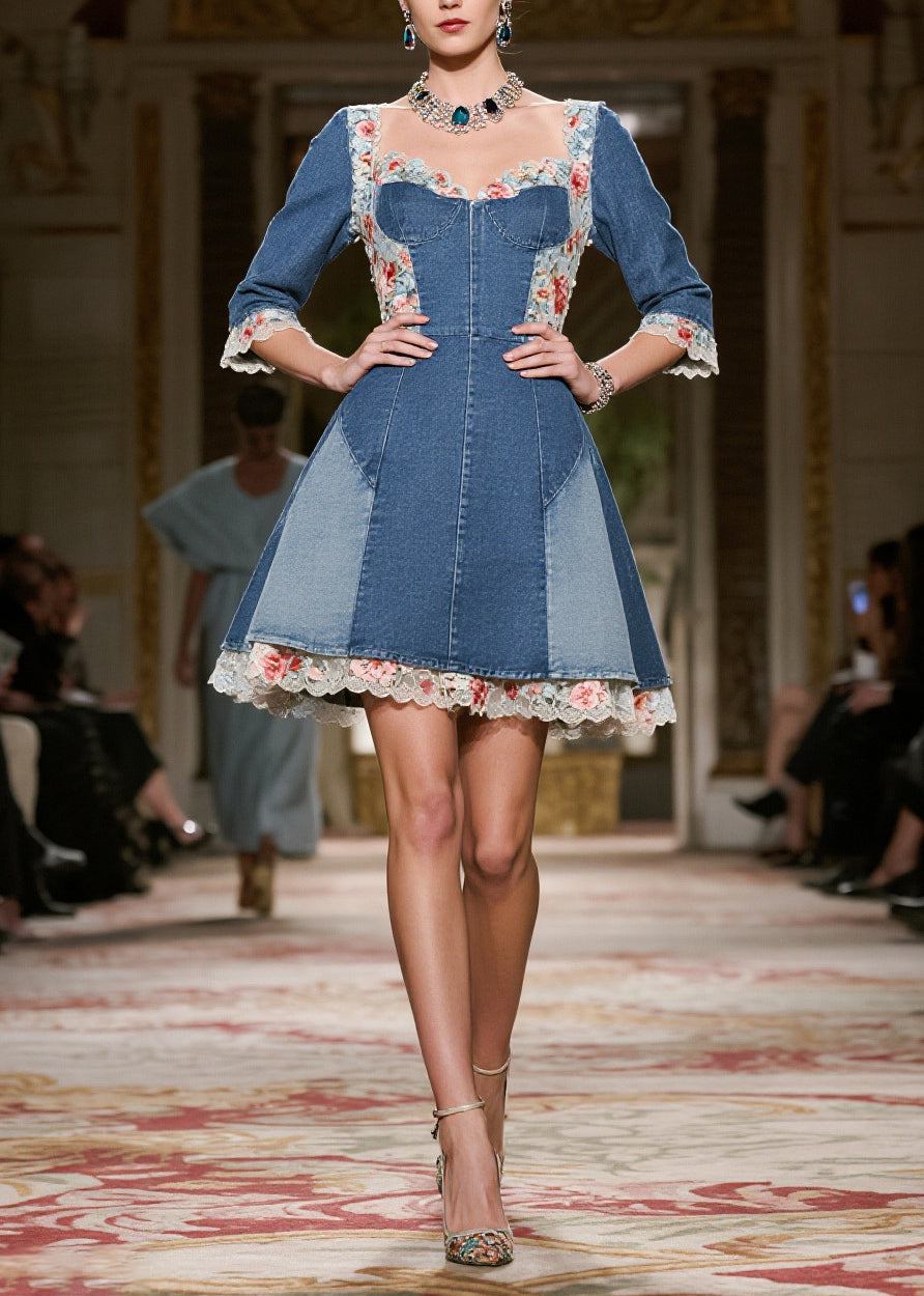 Vintage Blue Square Collar Lace Patchwork Denim Mini Dress Summer