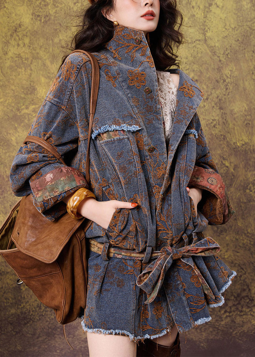 Vintage Blue Stand Collar Patchwork Sashes Denim Coats Long Sleeve