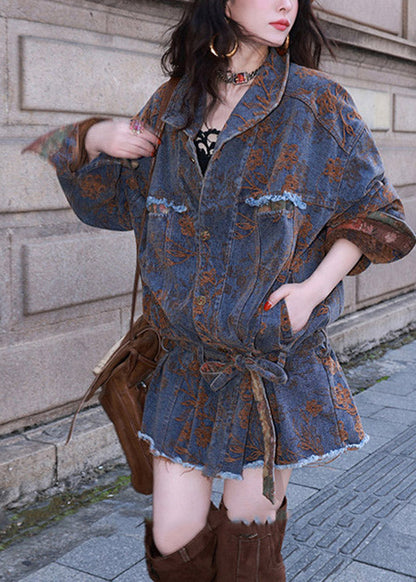Vintage Blue Stand Collar Patchwork Sashes Denim Coats Long Sleeve